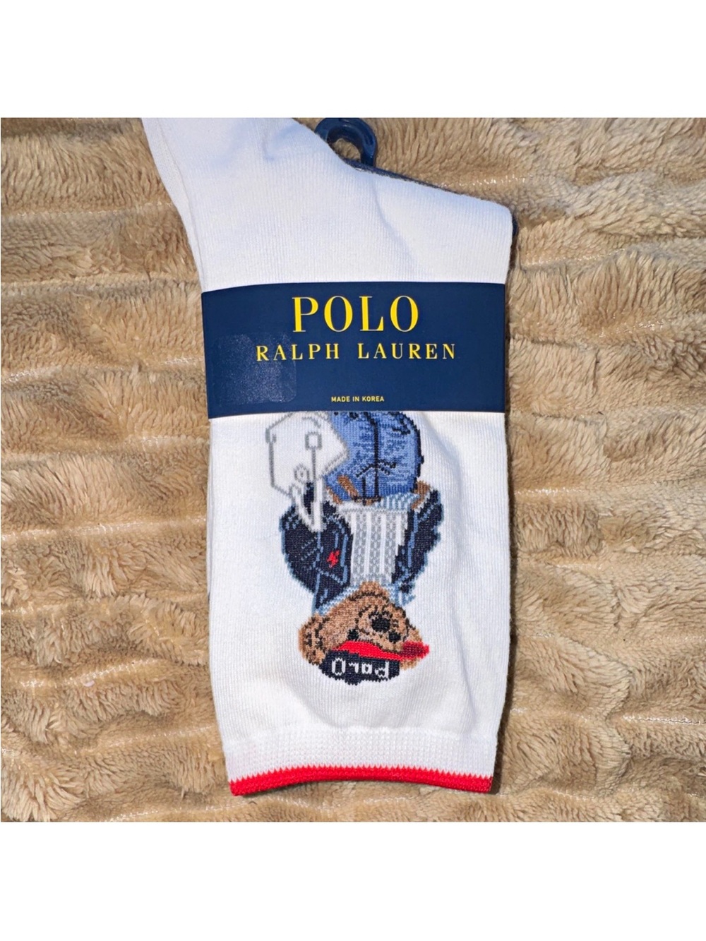 Polo by Ralph Lauren White Crew Socks with Bear Graphic and Red Trim